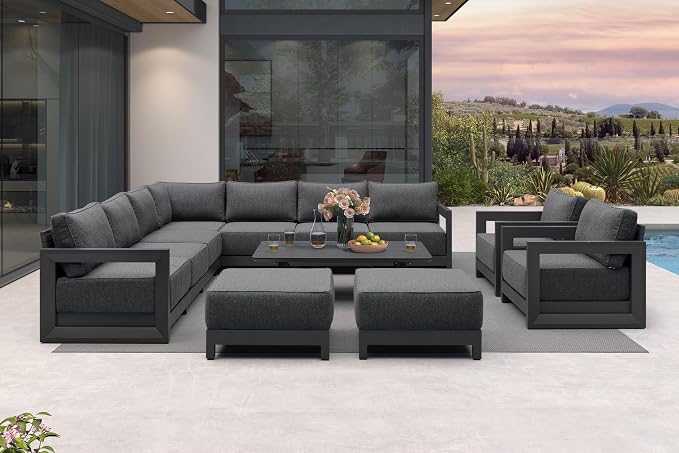 PURPLE LEAF Patio Furniture Set Enclosed Outdoor Couch with 9.6" Thick Cushion and Soft Pillows 12 Piece Outdoor Sectional Sofas with Table Modern Outdoor Conversation Sets for Yard Porch Deck, Grey