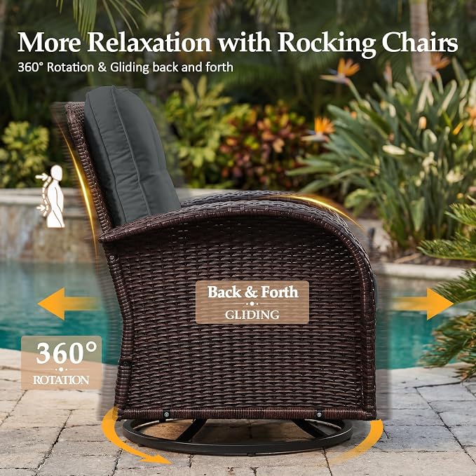 UPHA 5 Pieces Patio Furniture Sets, Wicker Outdoor Loveseat Sofa Set with Swivel Chairs, Patio Conversation Set for Deck Backyard Garden, Brown Rattan, Gray Cushion