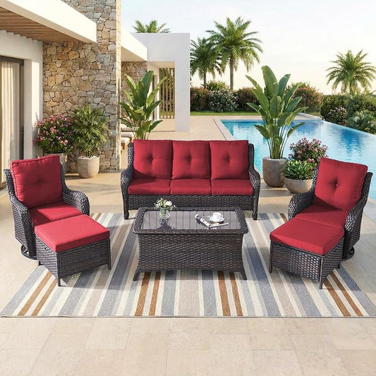 6 Piece High Back Patio Furniture Set - All Weather Patio Conversation Set with 4 Inch Thick Cushions and Deep Seating Swivel Glider Chairs & Outdoor Couch for Porch Deck Yard Pool