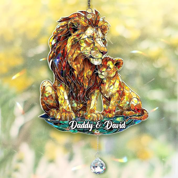Personalized Lion and Cub Holographic Acrylic Window Hanging Suncatcher Animal Art Decor Gift for Dad Wildlife Lover, Heartfelt Father's Day, Birthday Gift (Lion Dad)