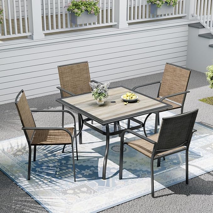 Patio Dining Set for 4, Outdoor 37" Dining Table with Laminated Top and 1.9" Umbrella Hole, 4pcs Stackable Patio Chairs Included, Perfect for Home & Outside