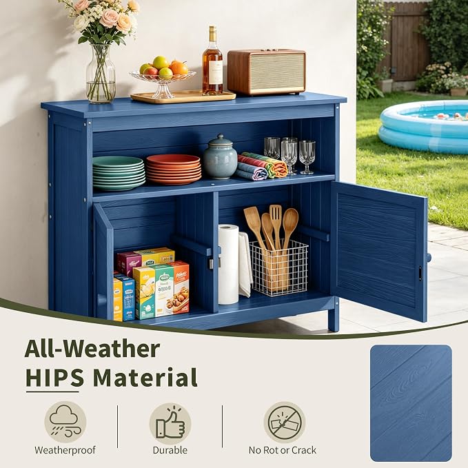 HIPS All-Weather Outdoor Storage Cabinet,Outdoor Sideboard with Magnetic Doors,3-Shelves Patio Storage Cabinet, Used for Garden,Buffet Cabinet,TV Stand, Bar Table,Balcony