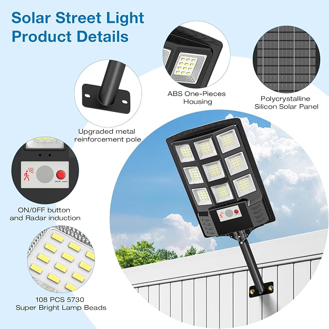 Solar Lights Outdoor, 6500K Motion Sensor Security Lights, 2-Pack | IP66 waterproof with dusk to dawn lighting, motion sensor and remote control for yards, parking lots, courtyards and garages
