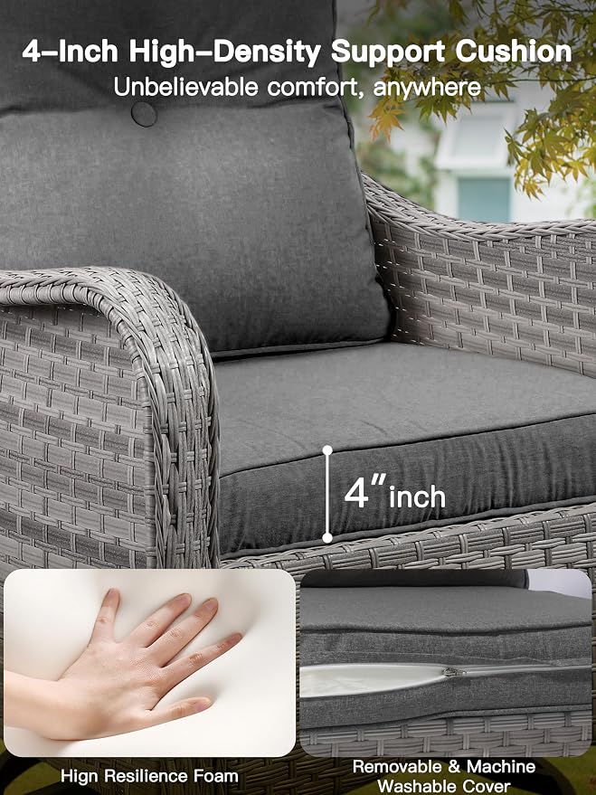 6-Piece Patio Furniture Set, Outdoor Swivel Rocking Chairs with 4" Thick Cushions & Side Table, All-Weather PE Rattan & Rust-Resistant Steel Frame Conversation Set for Porch, Garden, Charcoal Gray