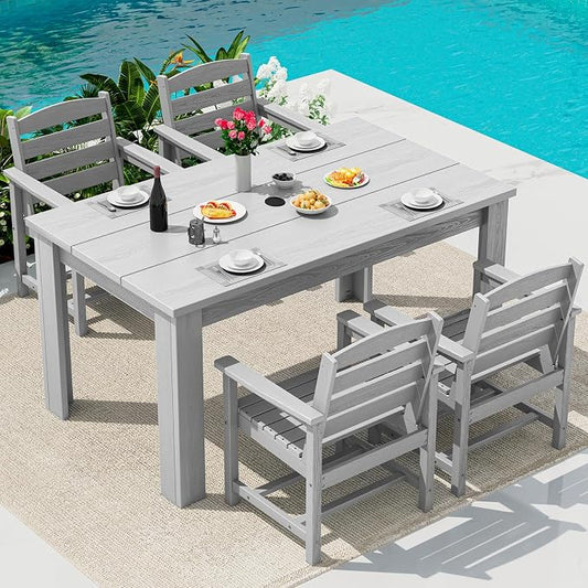 SERWALL 59" Outdoor Dining Set for 4, Light Gray | Include 1 Rectangular Dining Table and 4 Armrest Chairs, All Weather Dining Sets for Garden, Backyard