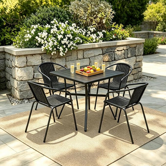 5 Piece Patio Dining Set, Stackable Black Outdoor Rattan Chairs with Metal Table, All-Weather Black & Brown Wicker Patio Furniture Set for Backyard, Poolside, Garden, Bistro