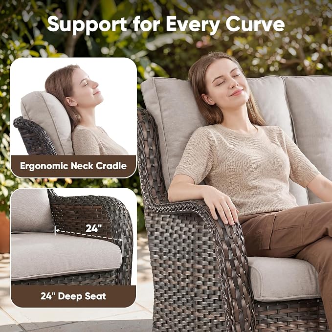 Belord 3-Piece PE Wicker Outdoor Sofa with 2 Ottomans, Luxury Patio Couch Convertible to Chaise Lounge, All-Weather High Back Deep Seat Woven Furniture for Deck, Porch - Brown/Beige