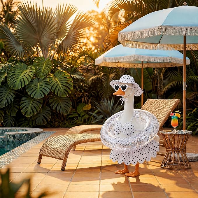 hoyuwak Bikini Goose Outfits Summer Hawaiian Porch Goose Outfits with Swimming Ring Sunglasses Hat for 23" Geese Yard Decor