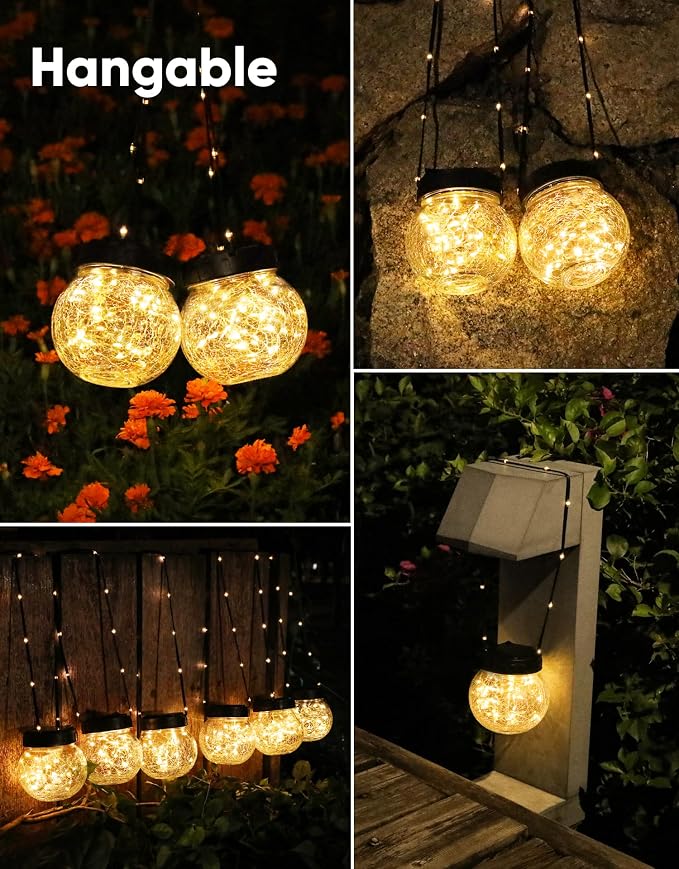 Solar Lights Outdoor Waterproof 12-Pack, Solar Powered Hanging Lantern Cracked Glass Hanging Globes for Yard Decor Christmas Decoration, Shepherd Hook, Garden Tree Ornaments, Warm White