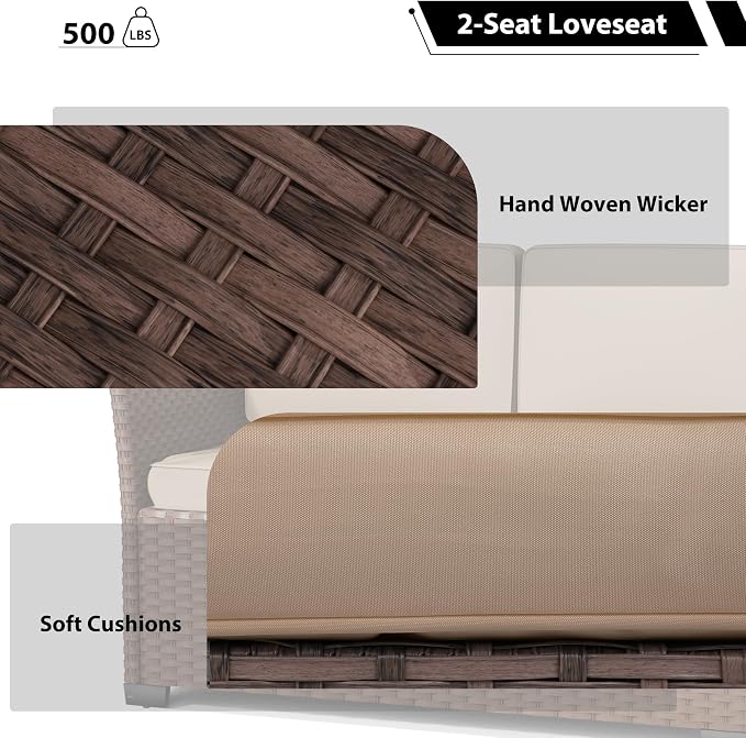 KIGOTY 7 Piece Patio Furniture Set, Outdoor PE Wicker Rattan Outdoor Dining Set, Patio Table and Chairs Set, Patio Conversation Sofa Set with Dining Table and Ottoman(Brown-Camel)