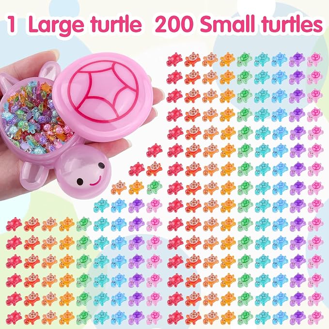 200 Pcs Mini Resin Turtle with 1 Pc Jumbo Resin Pink Turtles, Luminous Miniature Tiny Turtles Glow in The Dark for Fairy Garden Dollhouse Micro Landscaping