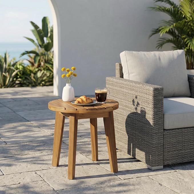 16" Round Outdoor Side Table, Acacia Wood End Table Outdoor Accent Table for Garden Backyard Pool Deck Patio (Teak)