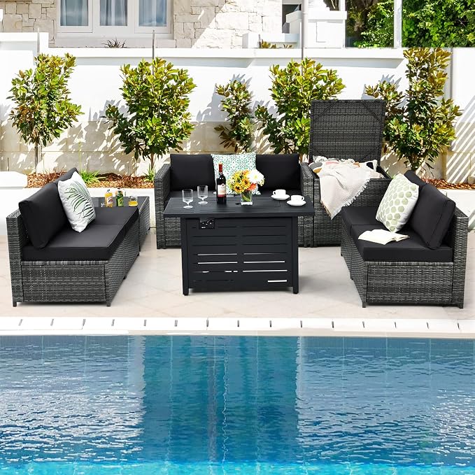 Tangkula 9 Pieces Patio Rattan Furniture Set, Patiojoy Sectional Sofa Set w/Storage Box, Coffee Table, Outdoor Wicker Conversation Set w/ 42” ETL Approved Propane Fire Pit Table (Black)
