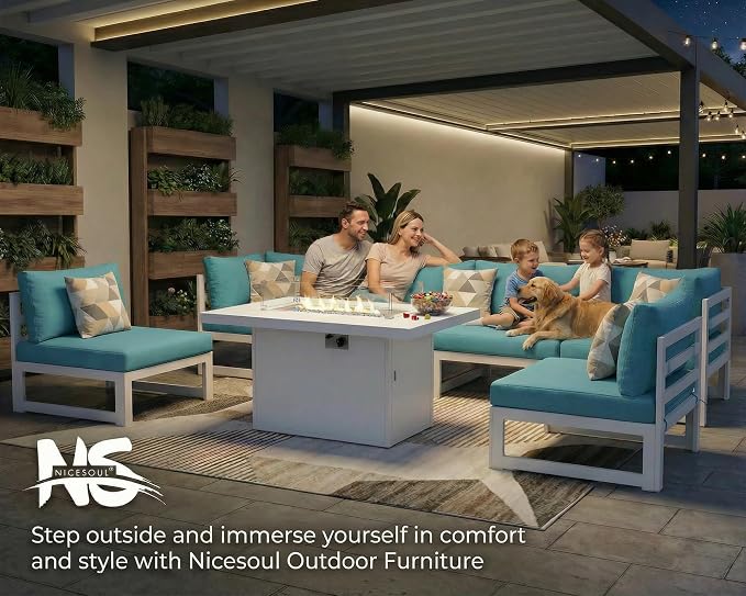 NICESOUL 8 People Large Luxury Aluminum Patio Conversation Set with Lounge Chair & Fire Pit Table, 29" Deep Wide Modular Sectional Couch, 500 lbs Heavy Duty All Weather Outdoor Sofa for Poolside, Teal