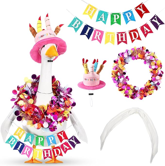 Abbylike 4 Pcs Happy Birthday Porch Goose Outfit for 23" Statues Poseable Porch Goose Wings Birthday Cake Hat for Lawn Patio Outdoor Geese Statue Decoration Accessories(Pink,Classic Style)