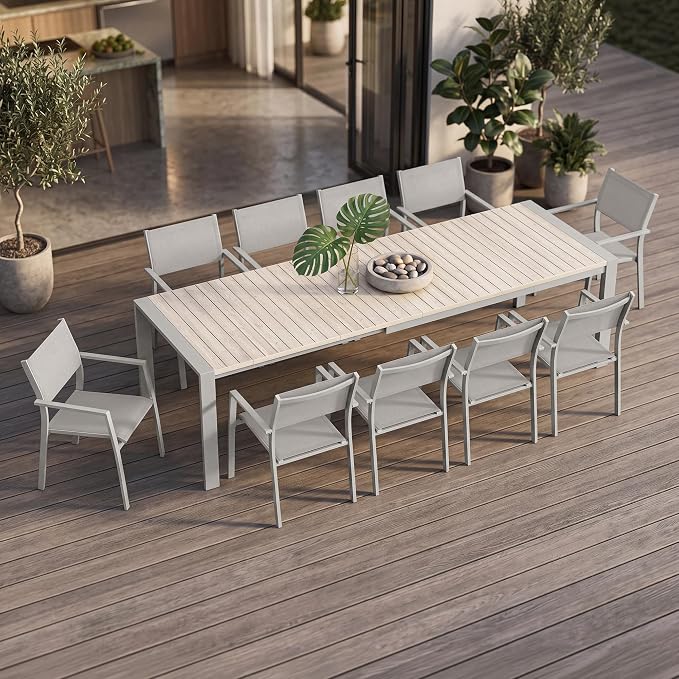 11-Piece Extendable Patio Dining Set for 10 Person, Oversized Expandable Outdoor Dining Table and 10 Stackable Dining Chairs, Aluminum Outdoor Table and Chairs Set for Backyard, Deck, Poolside