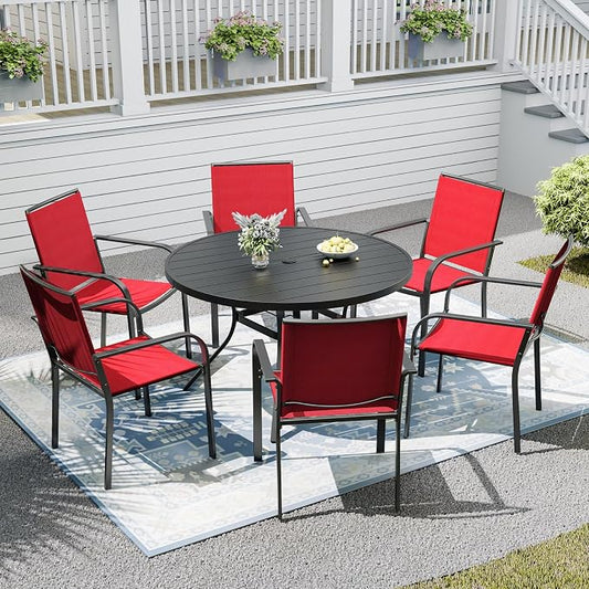 Outdoor Dining Table with 6-Piece Stackable Chairs,48" Round Patio Table with Adjustable Umbrella Hole,Stable Patio Dining Set for Home or Outside