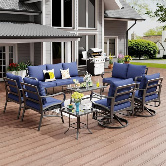 8 Piece Patio Furniture Set, 9 Seat Metal Outdoor Sectional Sofa Set with 2 Swivel Chairs, Patio Conversation Set with Thick Cushions and Coffee Table for Garden, Porch, Lawn, Blue