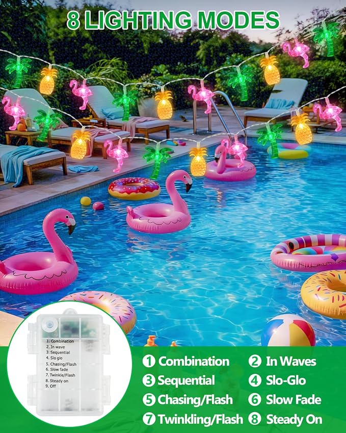 50 LED 25ft Summer Hawaiian Beach Battery String Lights Outdoor with Remote | Flamingo Pineapple Palm Tree Fairy Twinkle Lights Battery Operated with 8 Modes & Timer for Tropical Beach Party Pool Decor