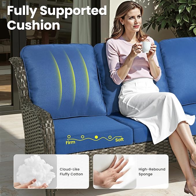 ovios 6 Pieces Patio Furniture Set with 42 inch Fire Pit Table, Outdoor Wicker Sofa Couch Loveseat, Swivel Rocking Glider Chairs, Modern Conversation Set, Brown Rattan, Navy Blue