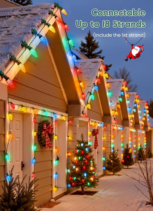 C9 Christmas Lights Outdoor, 102FT 150 LED String Lights with Spring Clips | Waterproof Connectable Commercial Grade Christmas Tree Lights for Outside Roofline Patio Yard Home Xmas Decor, Multicolor
