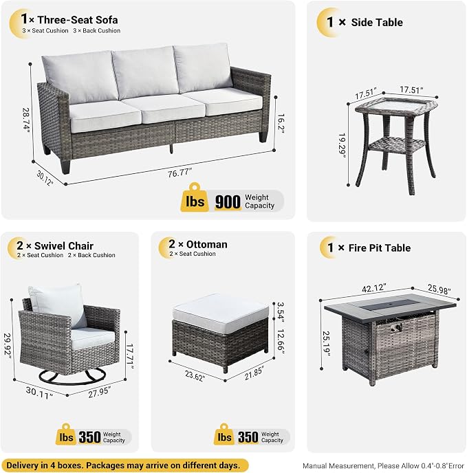 ovios 7 Pieces Patio Furniture Set with Rectangular Fire Pit Table, Swivel Rocking Chairs, Outdoor High Back Wicker Rattan Conversation Set for Deck Porch, Grey