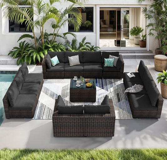 13 Piece Patio Furniture Set All Weather PE Rattan Outdoor Sectional Sofa Couch with No-Slip Cushions and Glass Top Table for Garden, Poolside, Backyard (Black)