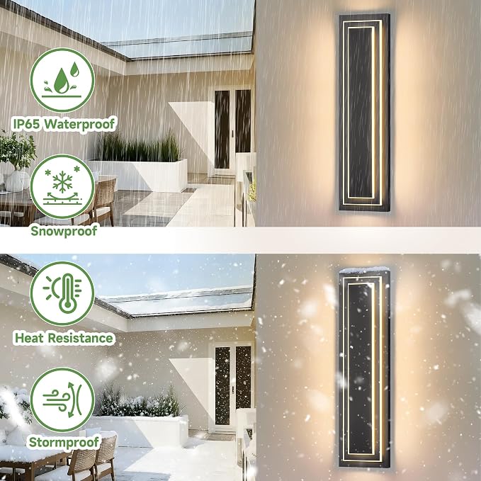 23.6 in Outdoor Wall Light Fixture,Garage Side Wall Sconce,36 W | 2-Tier Black Outdoor Modern Square Wall Lights For Hallway, Front Porch, Integrated 3000K LED Light Bead, Waterproof,2 Packs