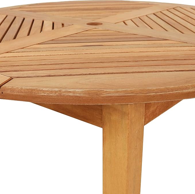 Sunnydaze Outdoor Patio Table with Umbrella Hole for Shade – 42-Inch Round Wood Dining Table for Backyard Gatherings, Outdoor Meals & Comfortable Patio Dining - Teak Oil Finish