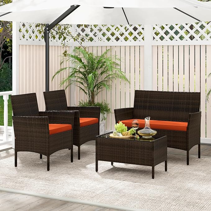 ORALNER 4 Pieces Patio Furniture Set, Rattan Chairs Loveseat with Soft Cushion and Glass Table, Outdoor Wicker Conversation Set for Balcony Garden Backyard Porch Poolside (Orange)