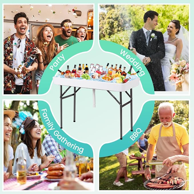 LDAILY Cooler Table, Outdoor Beverage Ice Tables for Parties with Drain, 3” Deep Sink, Removable Matching Skirt, Portable Folding Fish Cleaning Table for Camping, Picnic, Wedding, BBQ, Buffet (White)