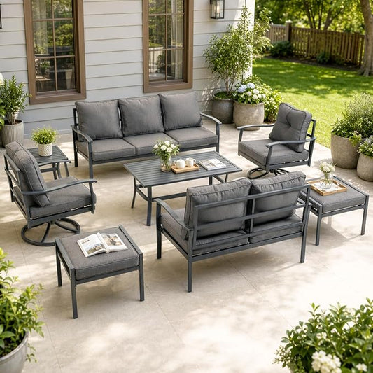 Patio Furniture Set, 8 Pieces Outdoor Metal Conversation Set Sofas with 1 Three-Seater Sofa,1 Loveseat Sofa,2 Swivel Chairs,2 Footstools,1 Side Table,with Cushion