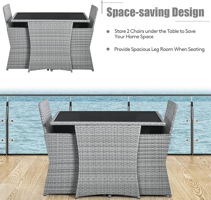 RELAX4LIFE 3-Piece Outdoor Furniture Set - All-Weather Wicker Rattan Patio Dining Set w/Tempered Glass Coffee Table & Cushions, Modern Bistro Conversation Set for Yard Balcony (Gray)