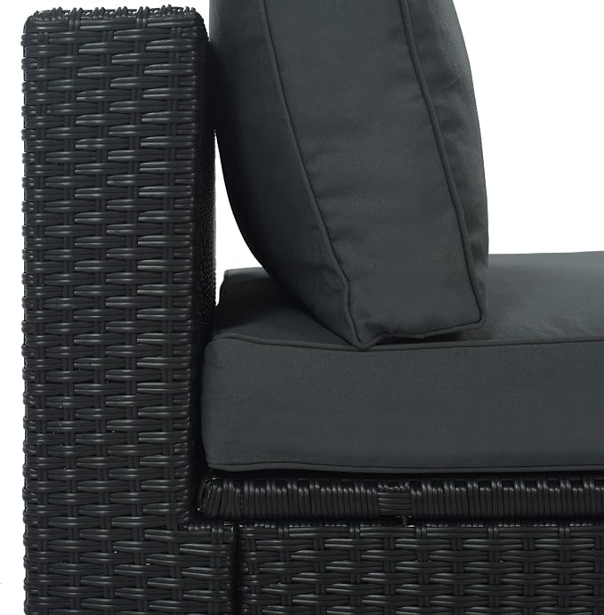 Merax 7-Piece Outdoor Wicker Sectional Sofa Set,Modular Rattan Conversation Set with Gray Cushions,Striped Green Pillows & Tempered Glass Coffee Table for Patio,Garden,Deck,Black