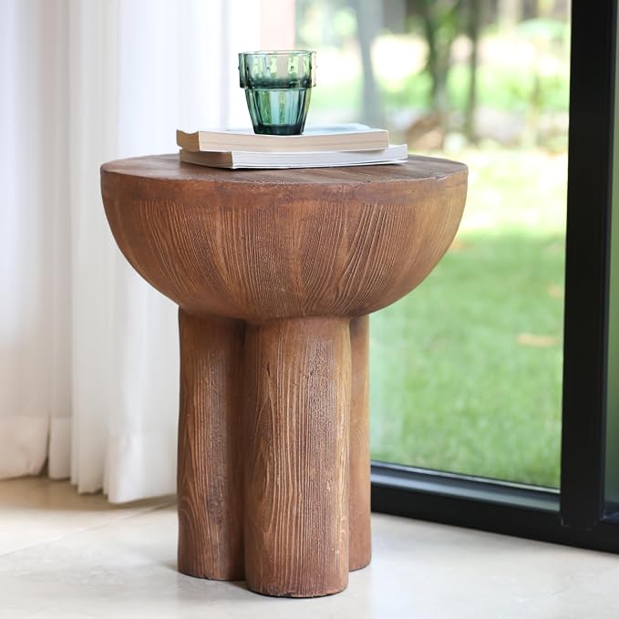 Christopher Knight Home Nataly 18.25" H Small Outdoor Side Table, Mushroom-Like Carved Garden Stool, Lightweight Concrete End Table, Patio Decorative Home Stool for Balcony Poolside Backyard, Brown