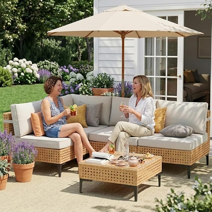 Outdoor Sectional 5 Piece Modular Patio Furniture Set Free Combination Outdoor Couch with Thick Cushion All Weather Wicker Patio Conversation Sets for Backyard, Deck, Poolside