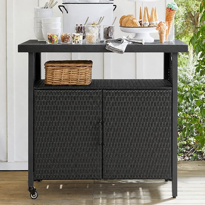 Outdoor Bar Table with Storage Cabinet, Patio Serving Cart with Wheels, Wicker Bar Cart and Grill Cart Prep Station, Rolling Kitchen Island for Patio, Backyard, Poolside, Outdoor Use, Black