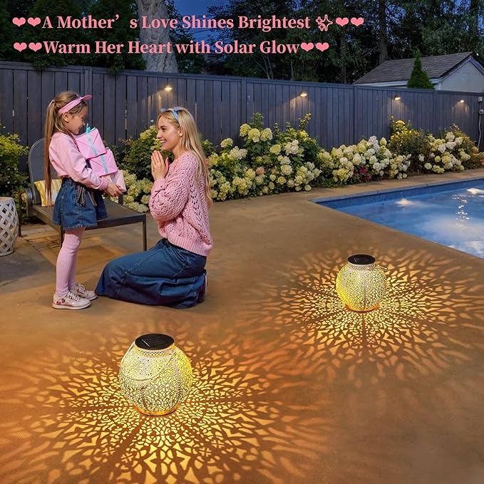 2 Packs White Solar Lanterns Outdoor Waterproof Garden Laterns Metal Retro Lights for Mothers Gifts Mom Wife Grandma Birthday Gifts (White Set of 2)