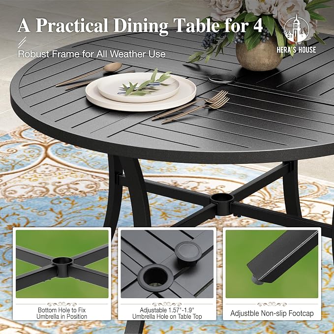 HERA'S HOUSE 42" Round Patio Table with Umbrella Hole, Outdoor Dining Table for 4, Black Metal Table for Deck Lawn Garden Backyard