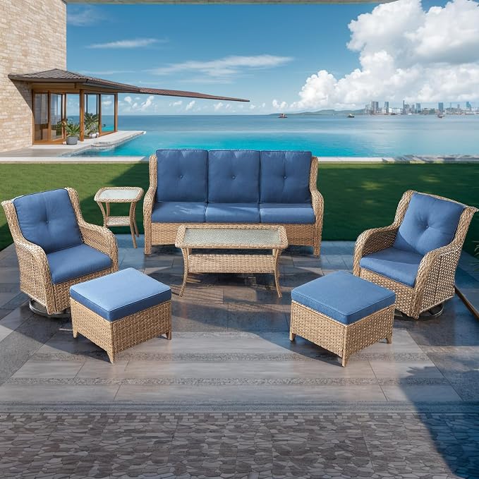 HUMMUH Patio Furniture 7 Pieces Outdoor Furniture Set PE Wicker Patio Couch with Swivel Rocker Chairs,Patio Ottomans,Outdoor Tables, Yellow/Blue