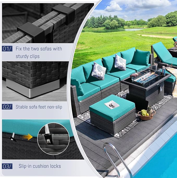 BULEXYARD 7 Piece High Back Outdoor Furniture Set with Fire Pit, Durable All Weather Wicker Patio Couch Sofa Set, Oversized Modular 6-Seater Sectional Backyard Seating Wide Deep for Lawn, Grey & Teal