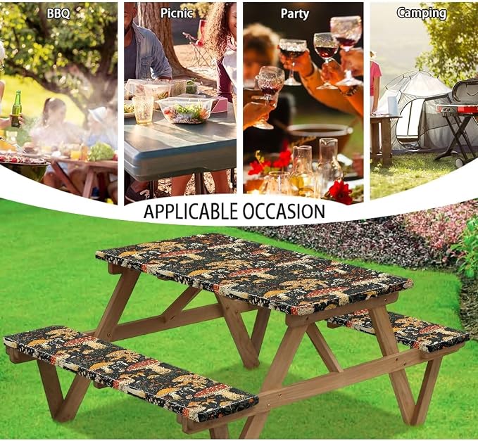 Mushroom Picnic Table Cover with Bench Covers, Beach Waterproof Outdoor Table Cover, Picnic Table Covers with Elastic Suitable for Camping Party Travel Camping