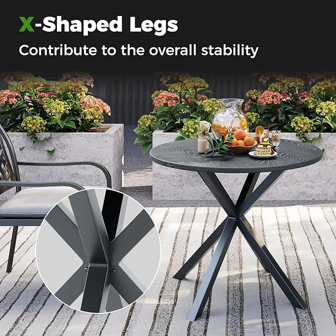 34” Round Dining Table, 4 Person Kitchen Table with Wood-Like Tabletop & X-Shaped Metal Frame, Indoor-Outdoor Coffee Table for Backyard, Balcony, Poolside, Garden, Lawn