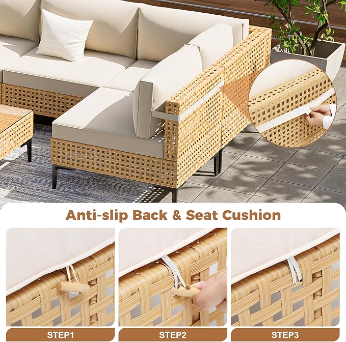 Patio Furniture Set 7 Piece Large Modular Outdoor Sectional Free Combination Outdoor Furniture with Thick Cushion All Weather Wicker Boho Patio Conversation Sets for Porch, Deck