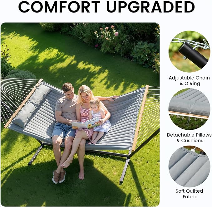 ANAGOO Double Hammock with Stand – Portable Cotton Rope Hammock with Removable Quilted Pad & Pillow, Adjustable Steel Frame for Patio, Backyard, Garden, Park, Camping & Outdoor Relaxation – Gray