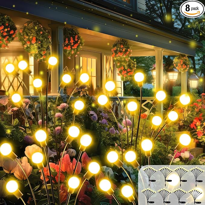 8 Pack Solar Garden Lights, 64 LED Firefly Lights Solar Outdoor Waterproof | 2 Lighting Modes, Sway with Wind, Solar lights Outdoor for Garden Yard Patio Pathway Holiday Decorations, Warm White