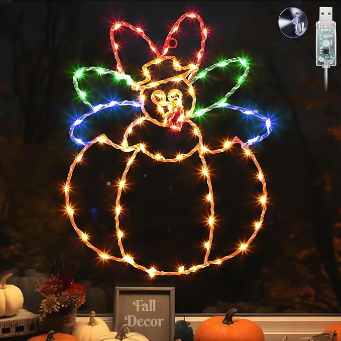Hiboom Large Thanksgiving Turkey Pumpkin Window String Lights Decorations, Turkey String Light with Timer 8 Mode USB Powered for Fall Decor Home Party Indoor Outdoor(Yellow Red Green,16")