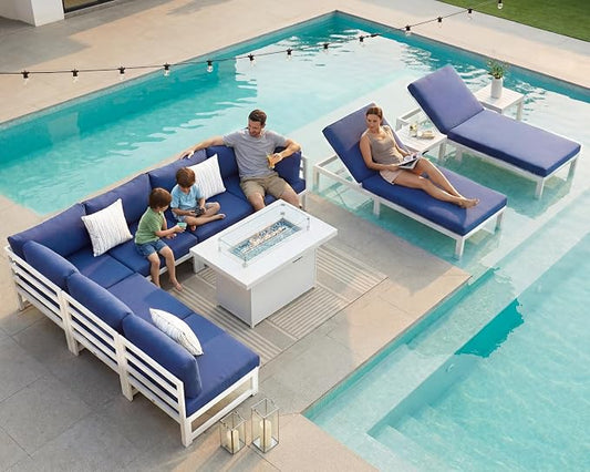 RADIATA 11 Pcs Oversized Contemporary Aluminum Patio Furniture Set, All Weather Modular Sectional Sofa with Tanning Chair & Fireplace, 500 lbs Heavy Duty Comfy Outdoor Couch for Beach Deck, Navy Blue