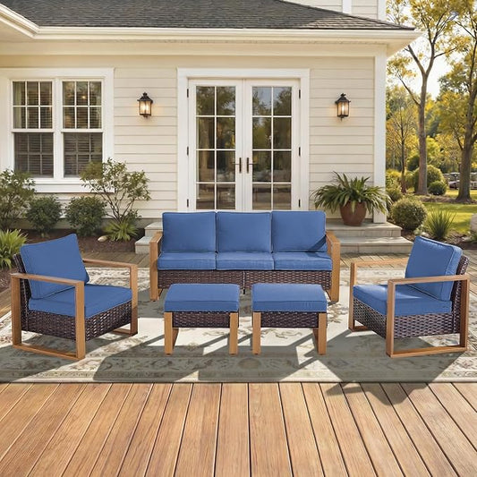 5-Piece Outdoor Patio Furniture Set with Rattan Chairs, All-Weather Wicker Sofa Set for Garden, Yard, Porch and Poolside Seating Blue