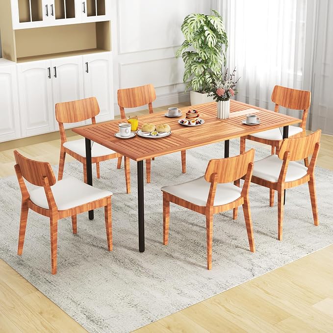 Patio Dining Table for 6 Persons, Acacia Wood Dining Table with 1.9" Umbrella Hole, Slat Tabletop & Metal Frame, Outdoor Dining Table Deck Furniture for Backyard & Lawn